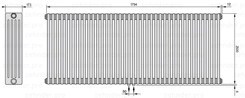 Схема (чертеж) Радиатор Zehnder Charleston 5250/39 №5410 Белый глянцевый RAL 9016